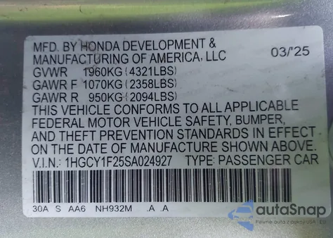 2025 Honda Accord Lx из США, поврежденный, VIN 1HGCY1F25SA024927